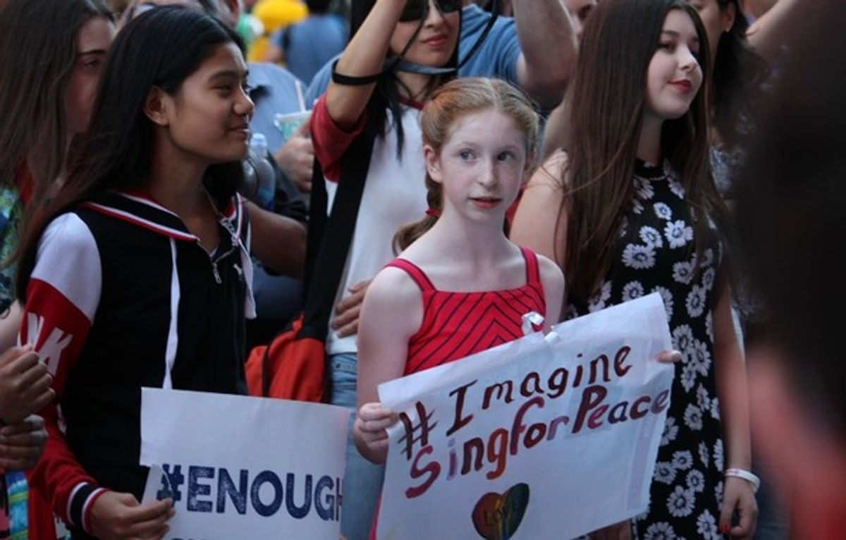 Young people from the Broadway community sing John Lennon's 'Imagine' for peace at 
